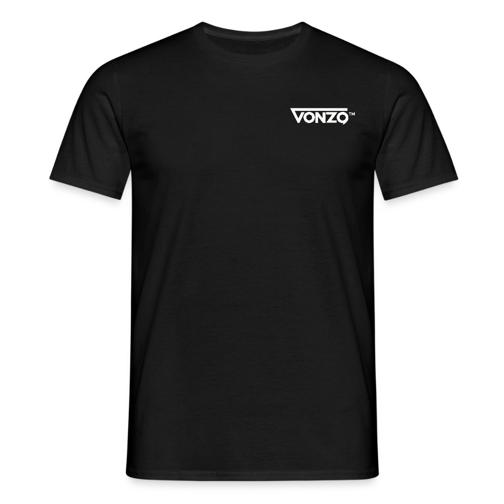 T-shirt Homme VONZO noir avec logo cœur et rond, coupe droite, présenté avec mesures en illustration.