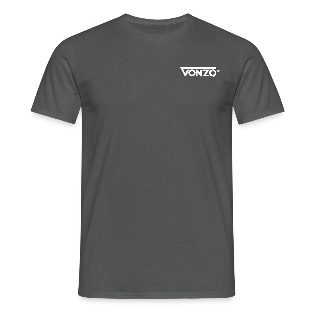 T-shirt Homme VONZO charbon avec logo cœur et rond, coupe droite, présenté avec mesures en illustration.